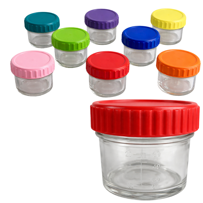 4 oz Glass Baby Food Storage Jars with Colorful Lids – 120ml Reusable Containers with Oz & mL Markings – BPA-Free Airtight Screw Top – 8 Pack