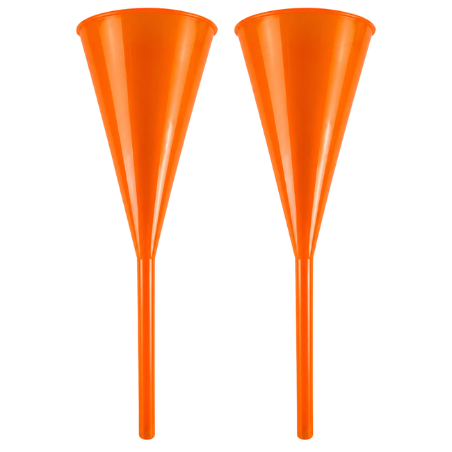 2 Pc. 18" Extra-Long Plastic Funnel with 5" Wide Mouth – Flute-Style Narrow Base for Oil, Gas, and Transmission Fluids