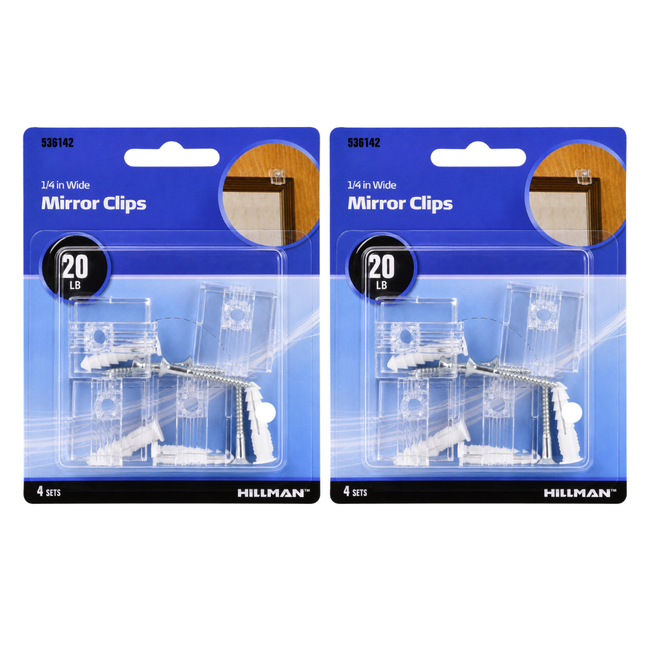 2 PACK 1/4 in Clear Plastic Mirror Clips with Screws and Wall Anchors, 20 lb Capacity, Mirror Mounting Hardware Kit for Frameless Mirrors, Bathroom Mirrors, Wall Mirrors