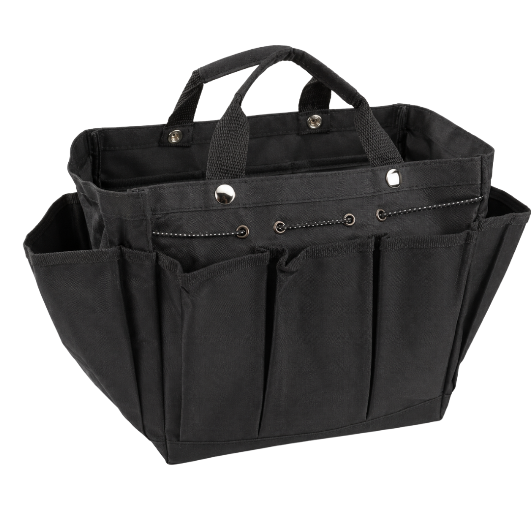 Black Nylon Garden Tool Tote Bag with 8 Exterior Pockets, Large Main Compartment and Snap Closure, 18 Inch Gardening Organizer