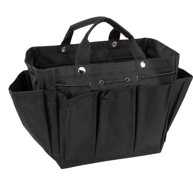 Black Nylon Garden Tool Tote Bag with 8 Exterior Pockets, Large Main Compartment and Snap Closure, 18 Inch Gardening Organizer
