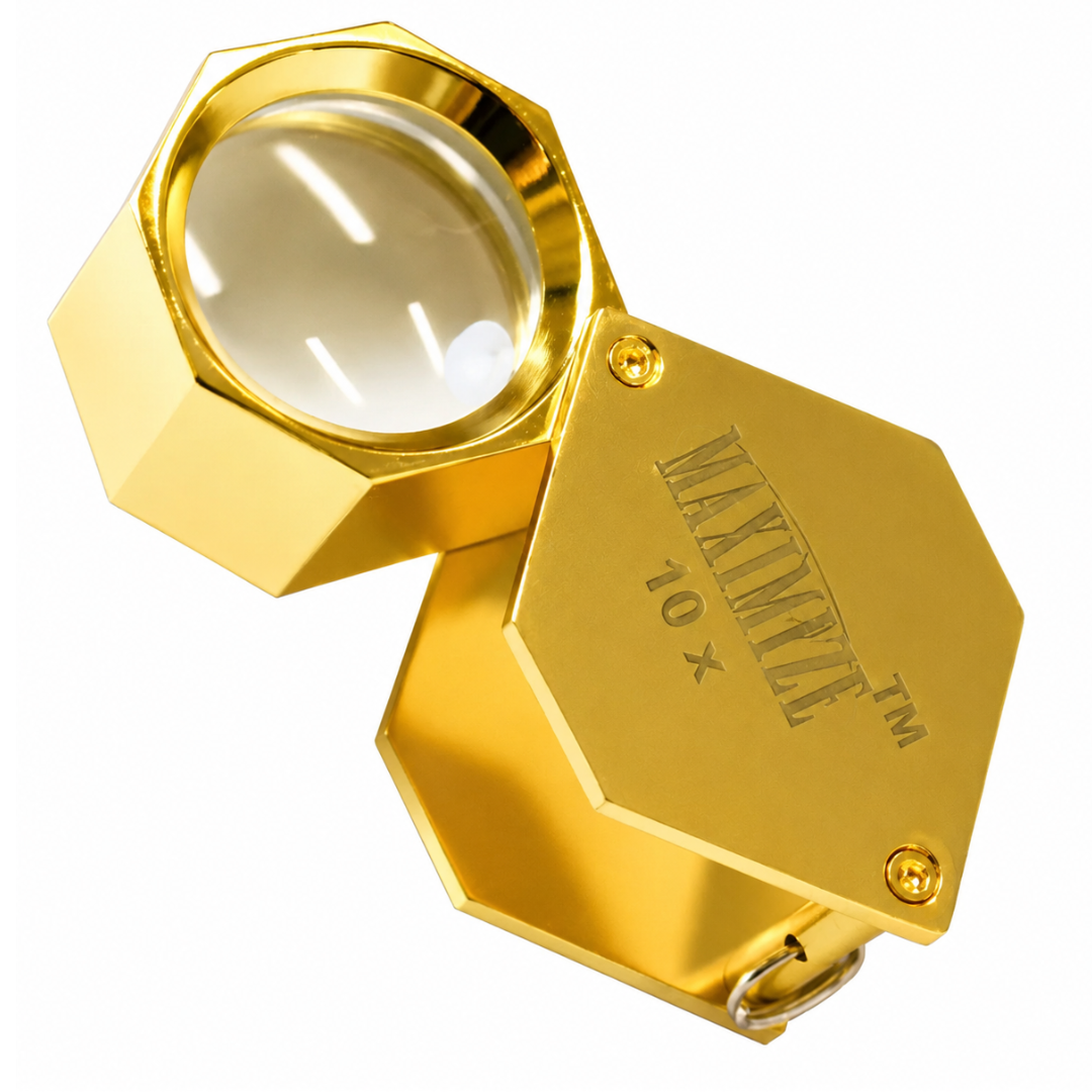 10X Gold Mini Jeweler’s Loupe Magnifier, Hexagonal Folding Frame, 18mm Glass Lens, Pocket Inspection Magnifying Tool with Spring Loop and Leatherette Pouch