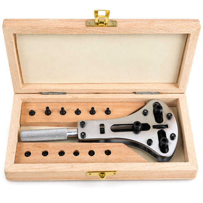 Jumbo Watch Case Opener Tool Kit – Adjustable Back Remover for Waterproof Watches up to 50mm – 12 Pins (Square, Round, Flat, Knurled) with Wooden Storage Box
