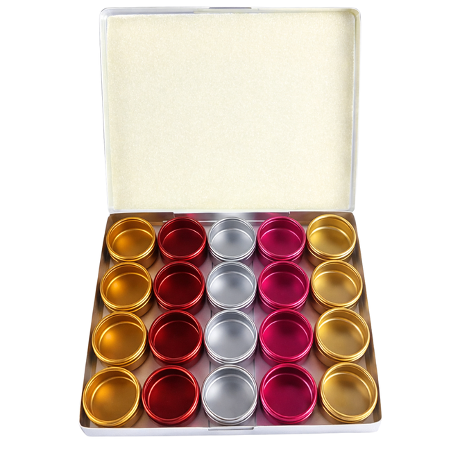 Multi-Color Aluminum Containers with Clear Lids – 20 Piece Set – 1" Round Mini Storage Jars with Aluminum Storage Box – TJ05-51600