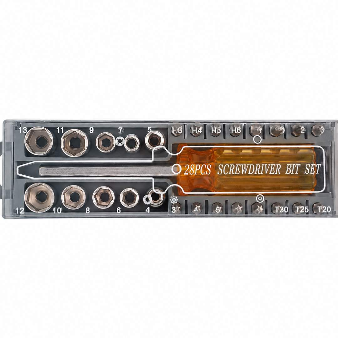 29 Piece Screwdriver Bit Set with 6.5" Torque Grip Handle, Hex Sockets, Phillips, Slotted, Torx Star & Hex Bits in Storage Case – Multi-Bit Driver Tool Kit