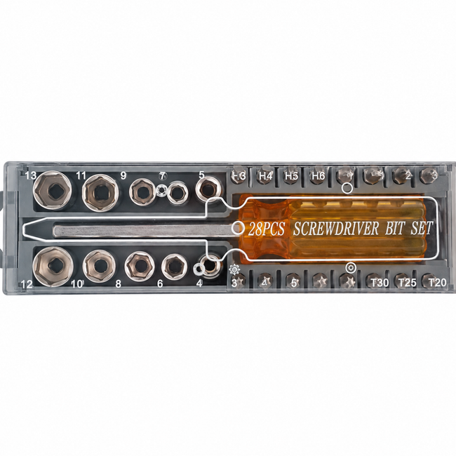 29 Piece Screwdriver Bit Set with 6.5" Torque Grip Handle, Hex Sockets, Phillips, Slotted, Torx Star & Hex Bits in Storage Case – Multi-Bit Driver Tool Kit