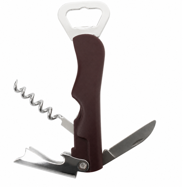 5-1/2 Inch Multipurpose Bottle Opener with Corkscrew and Folding Knife Blade, Stainless Steel Components, Compact Pocket Bar Tool for Wine, Beer and Soda Bottles, Burgundy Handle