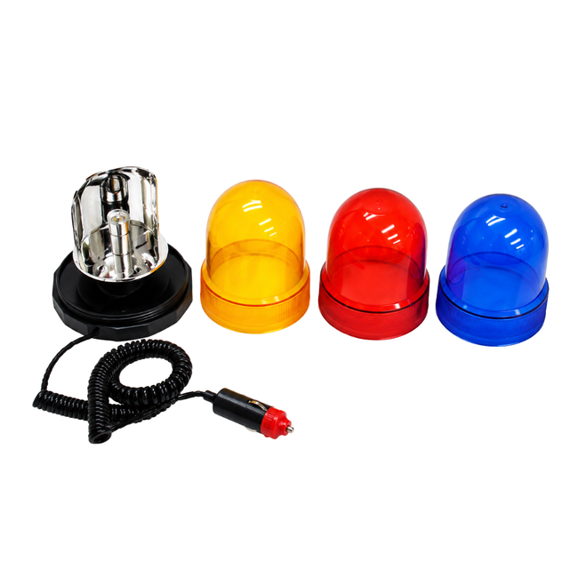 12V Revolving Warning Light with Magnetic Base, Red Blue and Amber Interchangeable Domes, 8-Foot Coiled Cord for Roadside and Off-Road Use