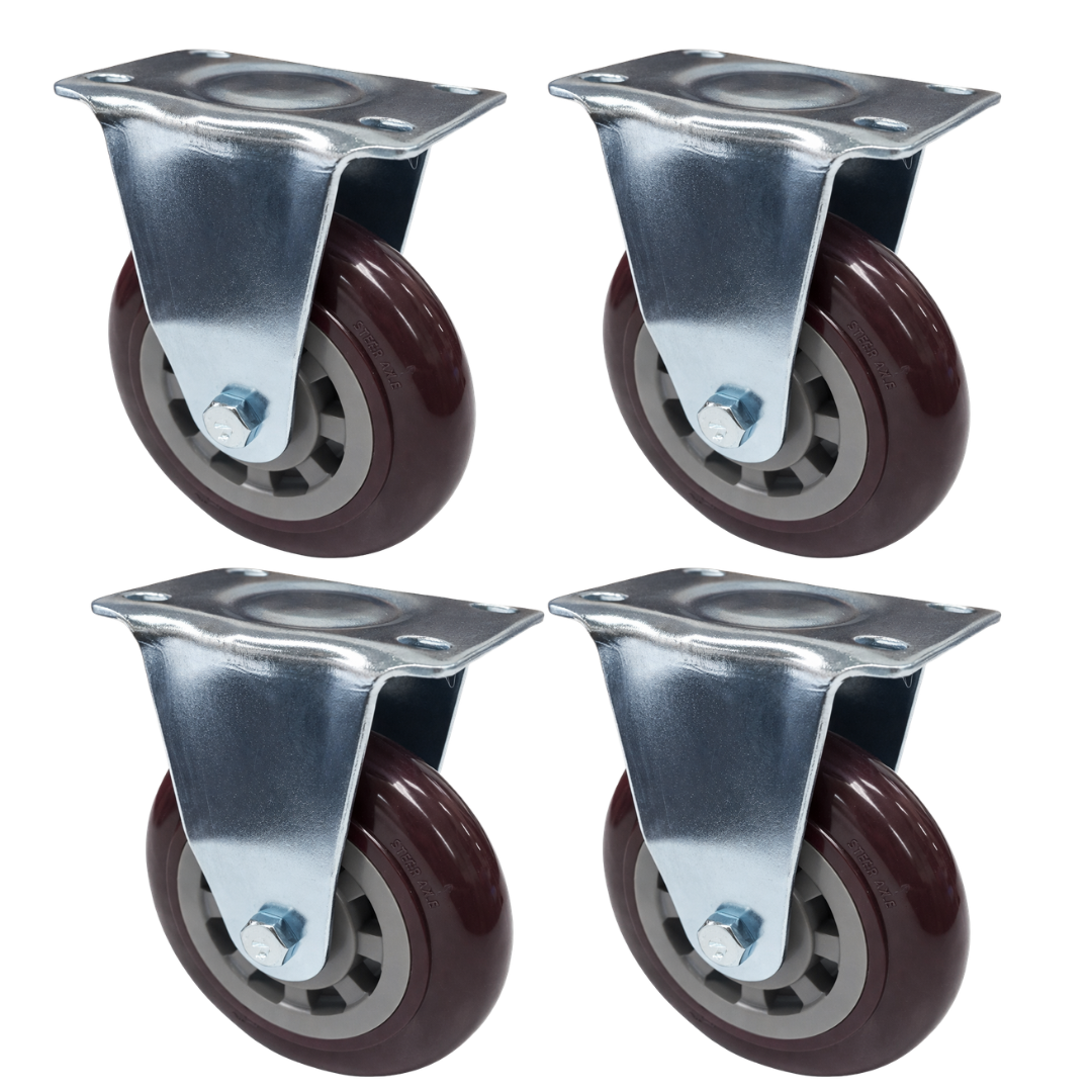 5" Rigid Caster Wheels – 4 Pack – Medium Duty – Maroon Polyurethane (PU) Wheel – Plate Mount – Fixed Direction – Heavy Cart Casters