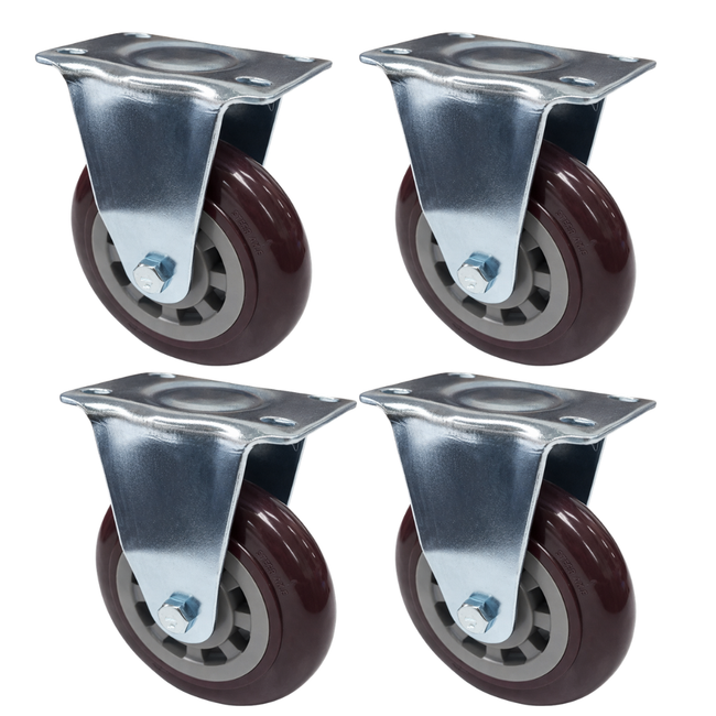 5" Rigid Caster Wheels – 4 Pack – Medium Duty – Maroon Polyurethane (PU) Wheel – Plate Mount – Fixed Direction – Heavy Cart Casters