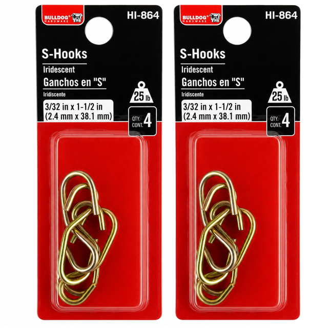 2 Pc. Iridescent S-Hooks, 3/32" x 1-1/2", 25 lb Load Capacity, Metal Hanging Hooks, 4 Pack
