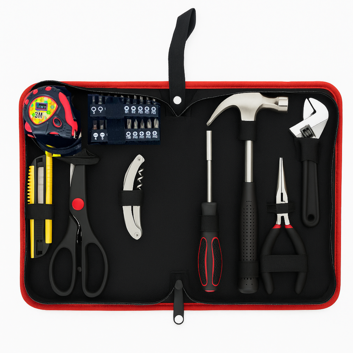All-Purpose 8-Piece Tool Kit with Zippered Case – Includes Hammer, Adjustable Wrench, Pliers, Scissors, Tape Measure, Knife with Corkscrew, Multi-Bit Screwdriver & Cutter – Perfect for Home, Car, or Office