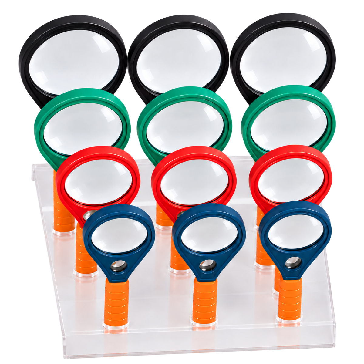 ToolUSA 12-Piece Handheld Magnifier Set with Display Rack, Tennis Racket Shape, 2× and 4× Lenses, Four Assorted Sizes