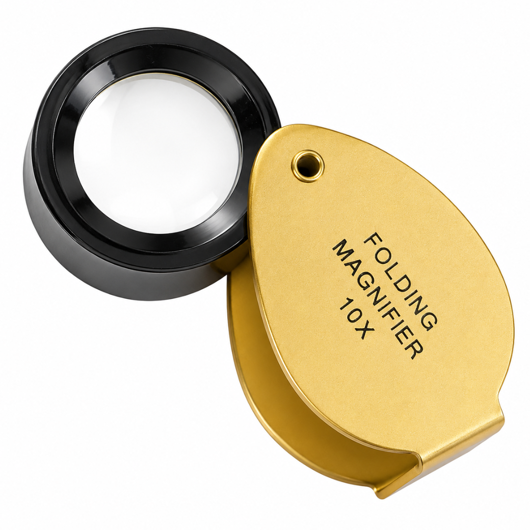 Gold Jeweler’s Loupe Magnifier 10X, Pocket Folding Magnifying Glass with 15mm Lens, Brass-Color Housing, Black Framed Lens for Jewelry, Coins, Stamps, Gems, Hobby Inspection, Pack of 2