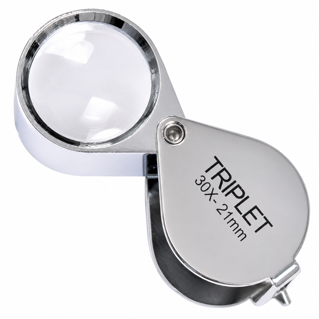 30X Chrome Triplet Jeweler’s Loupe Magnifier, 21mm Glass Lens Pocket Magnifier with Leather Pouch, Metal Folding Inspection Tool for Jewelry, Coins, Stamps, Watches & Appraisals