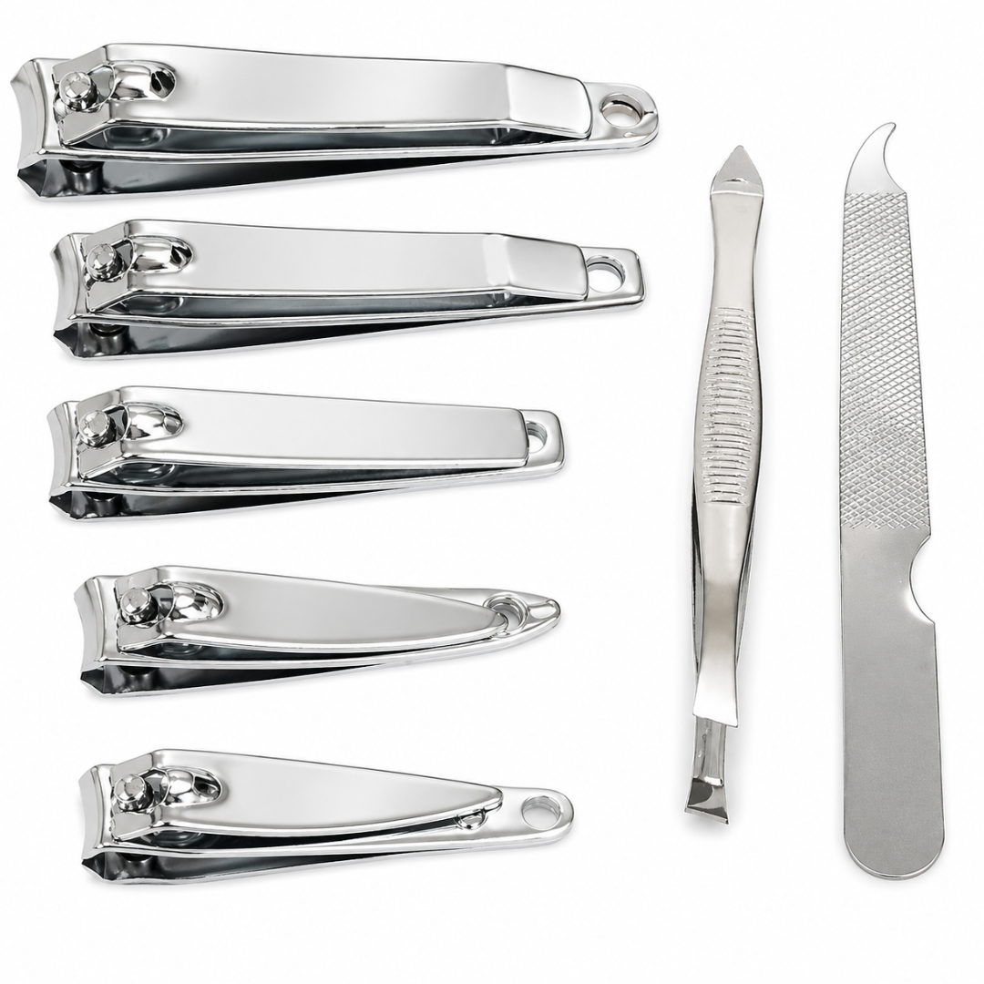 7 Piece Stainless Steel Manicure Set with 5 Nail Clippers, Tweezers, Nail Cleaner & File – Grooming Kit for Men & Women, Travel, Home, Purse, Desk or Toiletry Bag