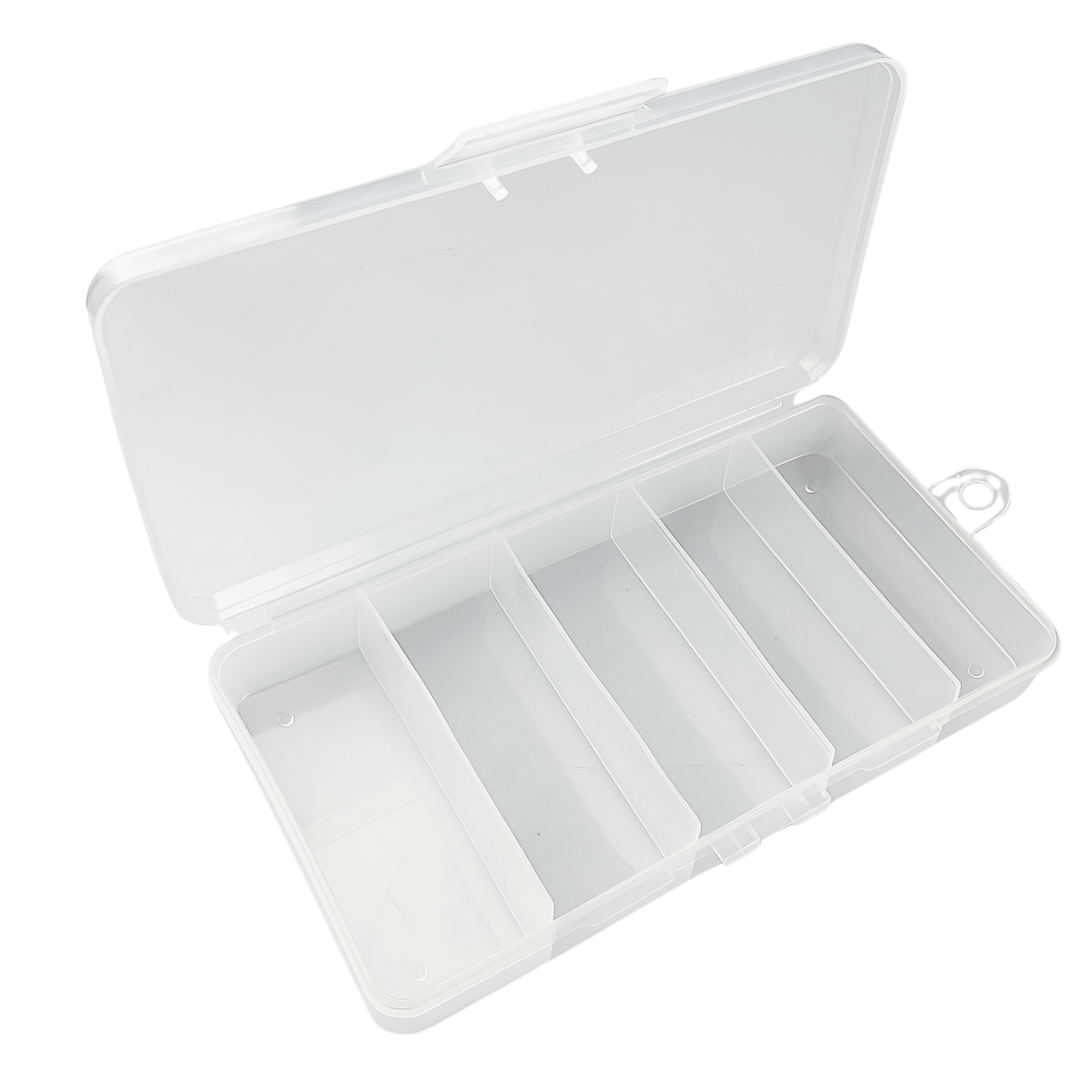 2 Pack Clear Plastic Boxes | 5 Compartments Each | 1.25" x 3.5" Sections | 3.5" x 7" Overall Size | Versatile Home Organizer with Hanging Hook