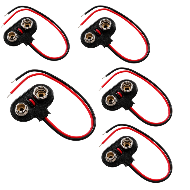 5 Pc. 9V Battery Snap Connector with 6-Inch Wire Leads, Heavy-Duty Snap-On Battery Clip Harness, Metal Terminals, Red & Black Wires for DIY Electronics, Arduino Projects, LED Circuits & Battery Power Connections