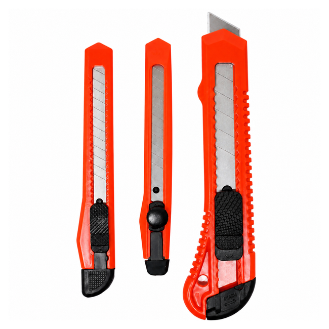 3 Piece Utility Knife Set, Snap-Off Steel Blade Box Cutters in 3 Sizes, Retractable Plastic Handle Cutters for Cardboard, Vinyl, Carpet & Paper – CR-49000