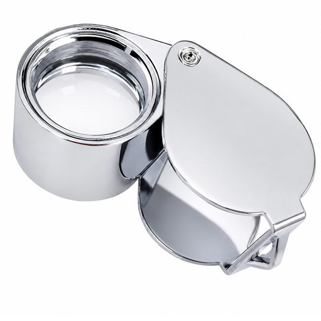 Chrome Jeweler’s Loupe 10X Magnifier with 18mm Glass Lens, Folding Pocket Jewelry Loupe with Swivel Protective Case and Black Storage Pouch for Gems, Coins, Stamps, Watches – MG1510-918