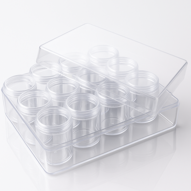 12 Plastic Clear Jars in Box- Screw-on Lids  - TJ-48846
