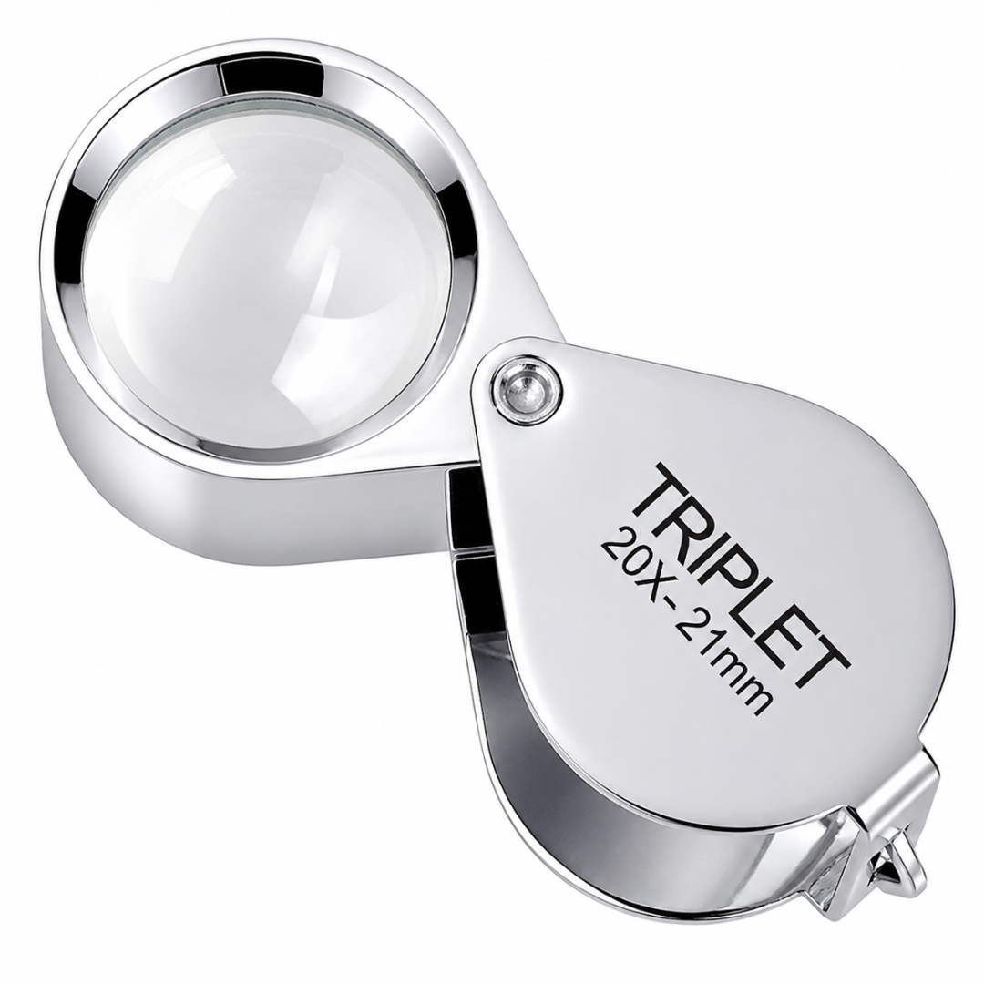 20X Triplet Jeweler’s Loupe Magnifier with Chrome Finish, 21mm Color-Correcting Glass Lens, Foldable Brass Pocket Loupe with Brown Leather Case for Jewelry, Gems, Watches & Appraisals