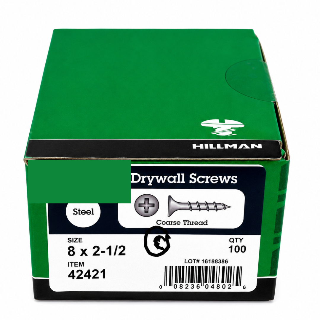 Drywall Screws #8 x 2-1/2", Coarse Thread, Phillips Bugle Head, Steel Construction, Black Finish, 100 Count, Heavy-Duty Fasteners for Drywall to Wood Studs
