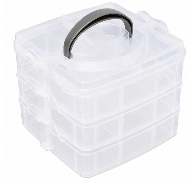 3 Layer Stack-On Clear Plastic Storage Box with Removable Dividers, Portable Small Parts Organizer with Handle for Beads, Crafts, Screws, Nuts, Bolts, Washers – TJ-48839