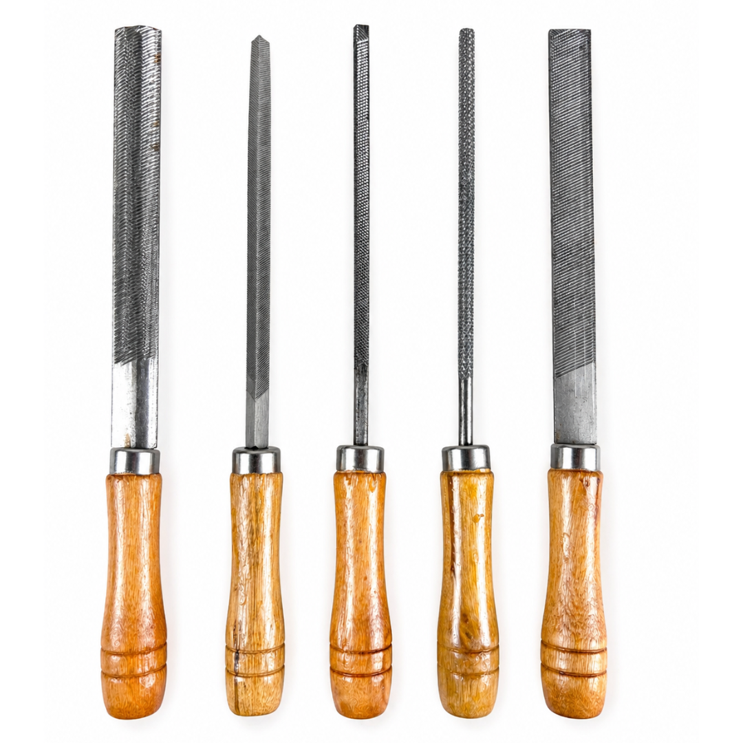 5 Pc 6" Steel File Set with Wooden Handles – Flat, Round, Half Round, Square & Triangle Files for Metal & Wood