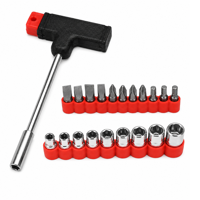 T-Handle Socket & Screwdriver Bit Set, 21 Piece Steel Tool Kit with 9 Metric Sockets, Phillips, Slotted & Star Bits, Magnetic Tip Handle, Red Storage Holder