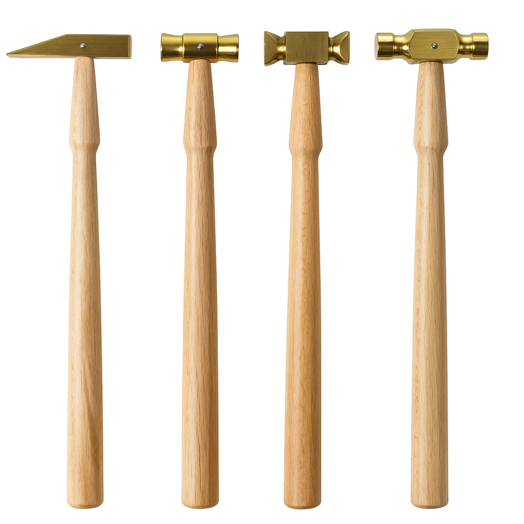 4 Piece Brass Hammer Set – Jewelry Making & Craft Hammers with Flat, Square, Chisel & Ball Peen Heads – 9" Wooden Handles, Lightweight & Non-Sparking- PH-12704