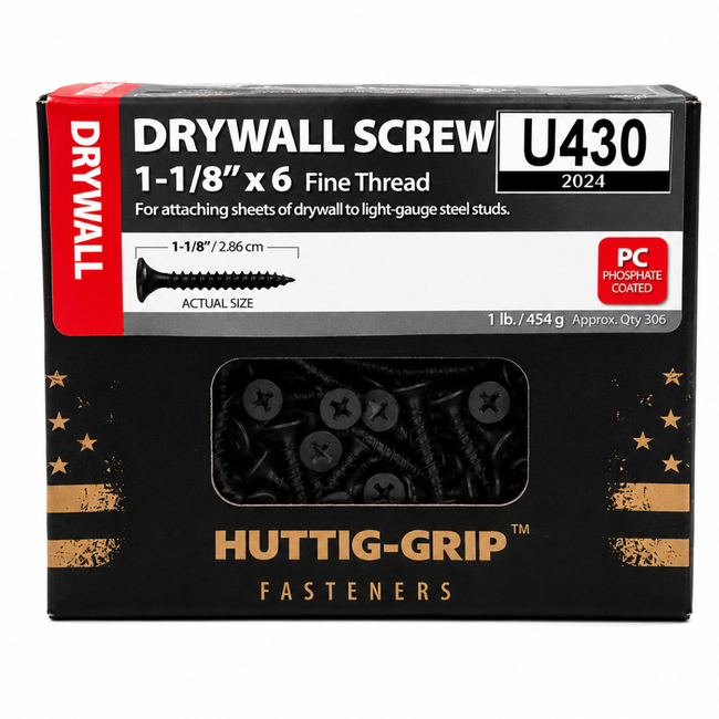 Drywall Screws 1-1/8 Inch x 6 Fine Thread – Phosphate Coated, 1 lb Box (Approx. 306 pcs) – Huttig-Grip Fasteners