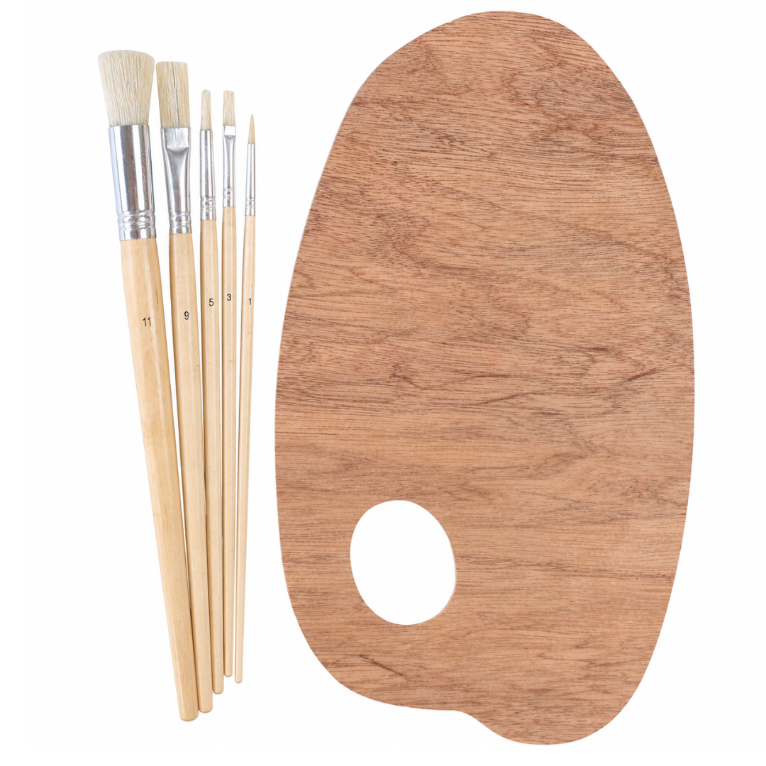 Professional Long-Handle Artist Paint Brush Set with 16 x 8 Inch Wooden Palette, 5-Piece Assorted Brushes for Acrylic, Oil and Watercolor Painting, Sizes 1, 3, 5, 9 and 11 – TZ63-00646