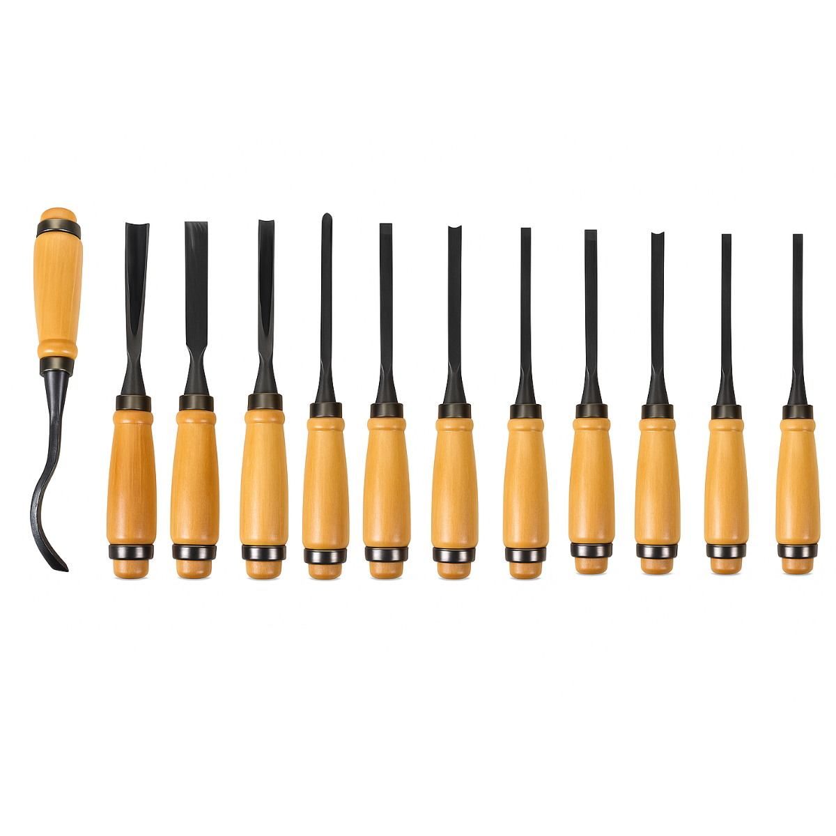 12-Piece Wood Carving Chisel Set with Wooden Handles and Steel Blades – 7.5” Professional Hand Tool Kit with Blue Vinyl Pouch for Crafting, Whittling, and Sculpture