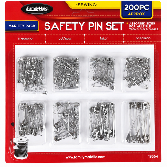 Assorted Safety Pin Set, Approx. 200-Piece Silver-Tone Metal Safety Pins in 8-Section Organizer Tray for Sewing, Tailoring, Crafts and Clothing Repairs
