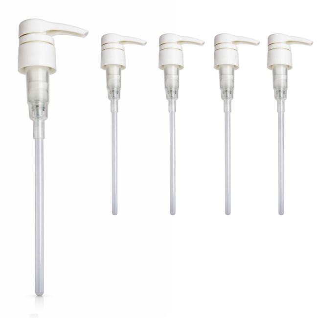 Soap Dispenser Pump Replacement Heads – 28/410 Locking Pump, White, Trim-to-Fit Dip Tube, Pack of 5