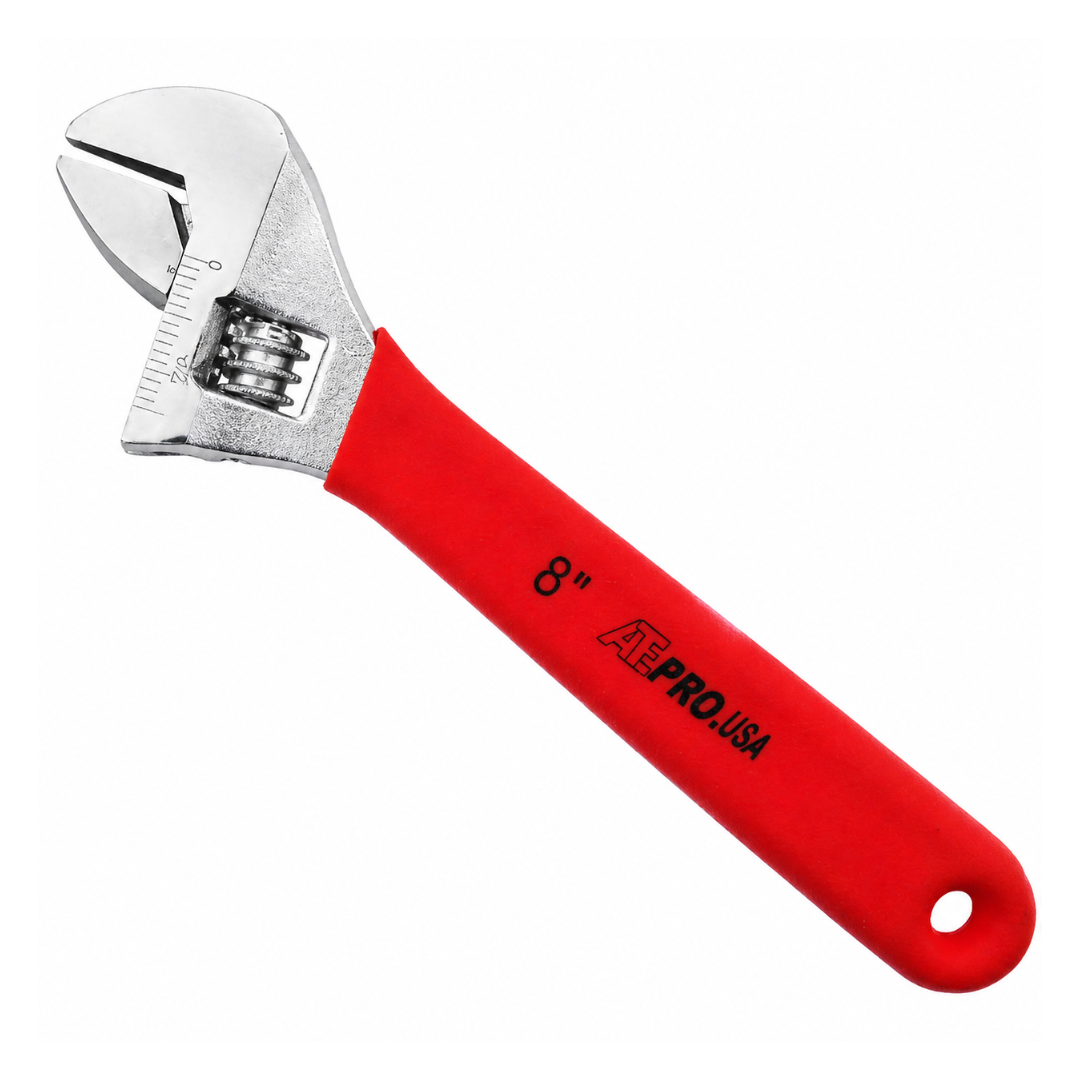 8" Adjustable Wrench with Red Rubberized Grip, 7/8" Jaw Capacity, SAE Jaw Guide, Precision Adjustable Spanner Tool