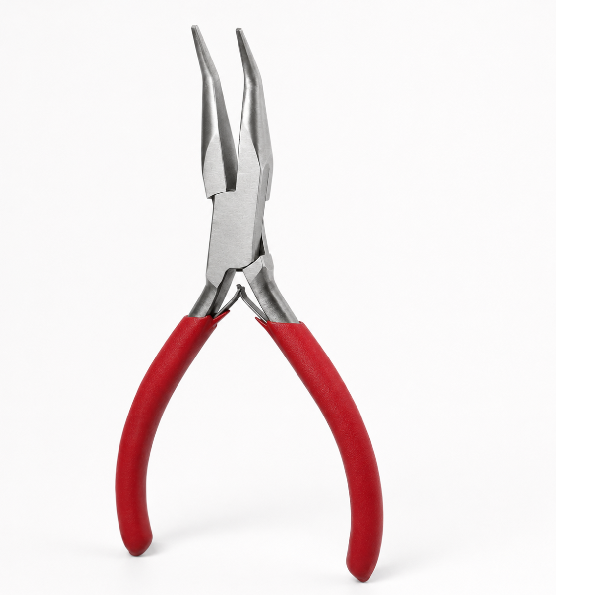 5.5-Inch Bent Nose Pliers for Jewelry Making, Stainless Steel 45-Degree Angled Tips, Double Spring Action, Red Vinyl Comfort Grips for Wire Bending and Jewelry Repair