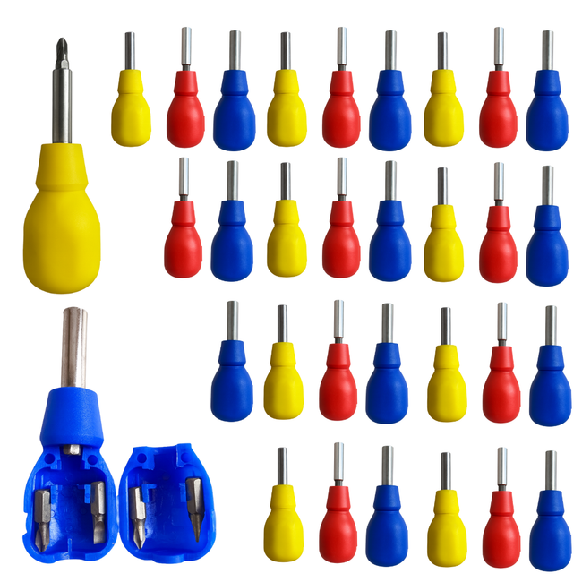 4-in-1 Multi-Bit Stubby Screwdriver with Built-In Handle Storage – Includes 2 Phillips & 2 Flat Head Bits – Compact, Handy, Assorted Colors (Display Jar of 36)