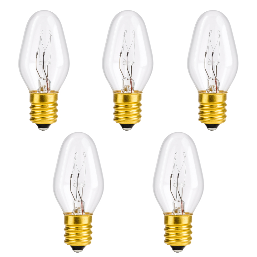 (5 PACK) C7 Clear 120V 4W Bulb – E12 Candelabra Base Night Light Bulb – Replacement for Salt Lamps, String Lights, Wax Warmers & Holiday Decorations