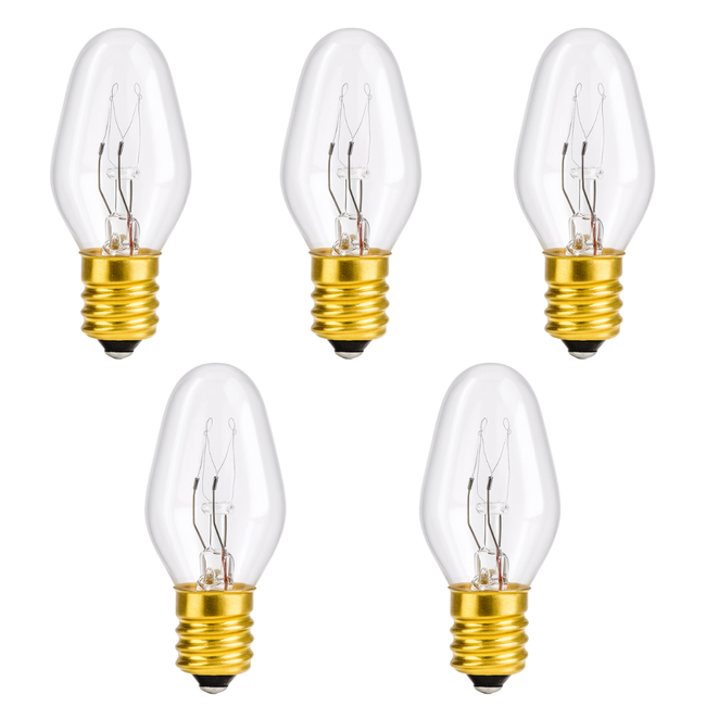 (5 PACK) C7 Clear 120V 4W Bulb – E12 Candelabra Base Night Light Bulb – Replacement for Salt Lamps, String Lights, Wax Warmers & Holiday Decorations