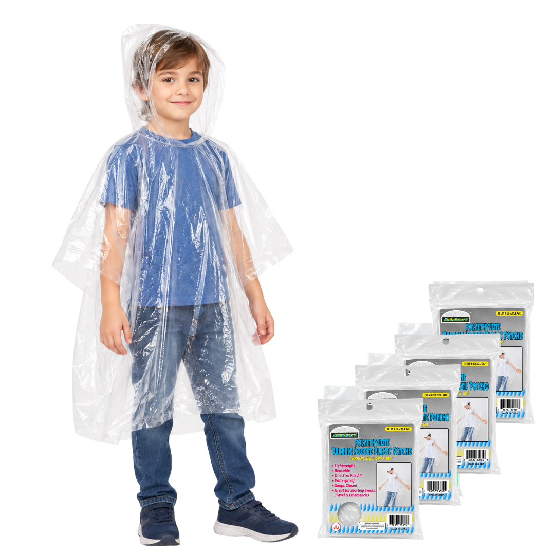 4 Pack Clear Hooded Children's Rain Poncho – Lightweight Waterproof Polyethylene Plastic, Reusable Emergency Rain Protection for Camping, Travel, Hiking & Outdoor Events