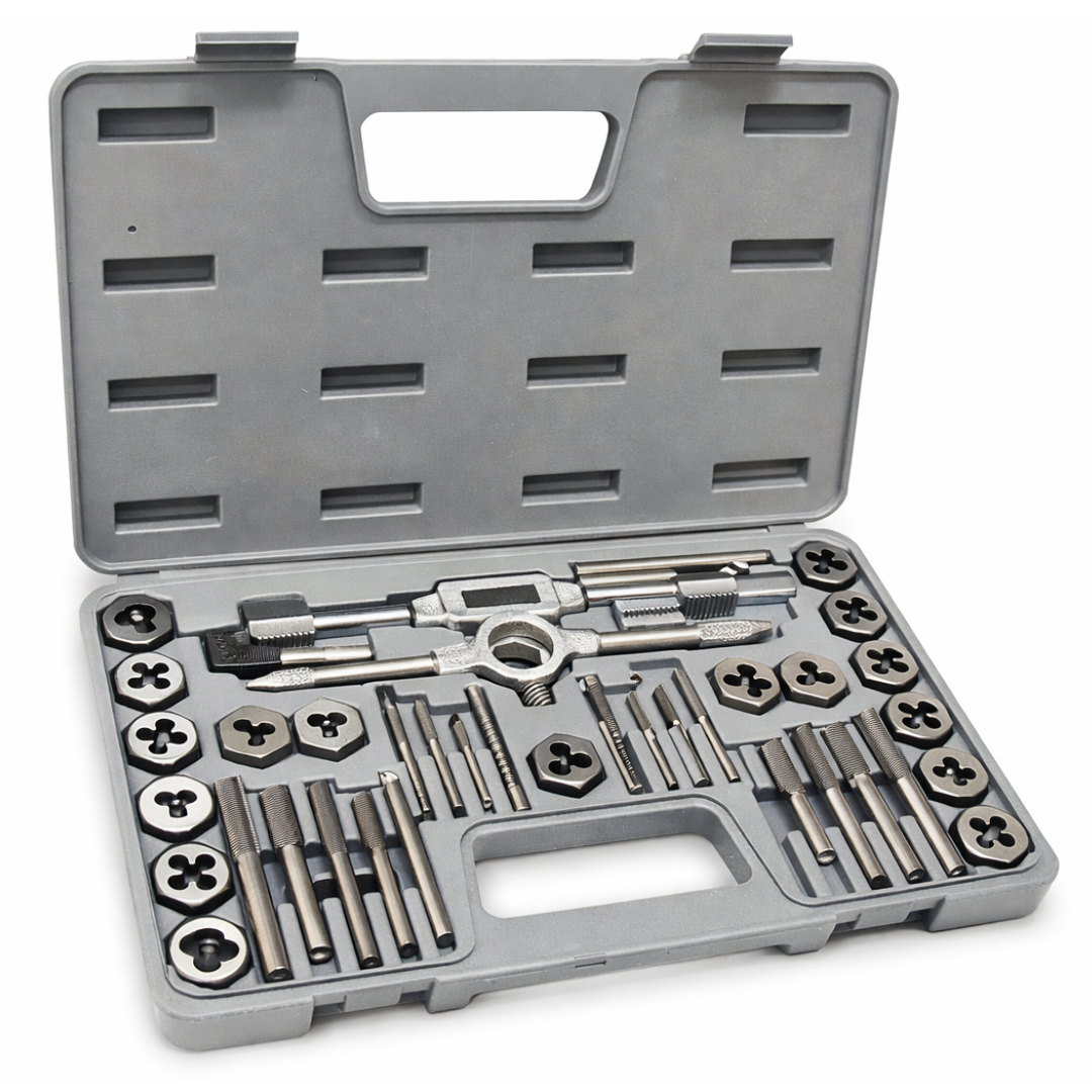 40-Piece Tap and Die Set – Metric & SAE Threading Tool Kit – Alloy Steel Taps, Dies, Tap Wrenches & Die Stock in Custom Carrying Case