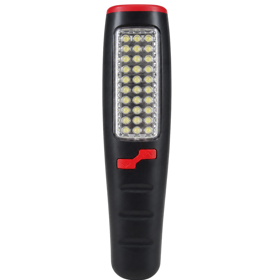 37 LED Magnetic Work Light with Hanging Hook – 8-Inch Portable Handheld Flashlight, 30-LED Front Panel & 7-LED Top Light, Battery Operated – LKCO-6928-FL