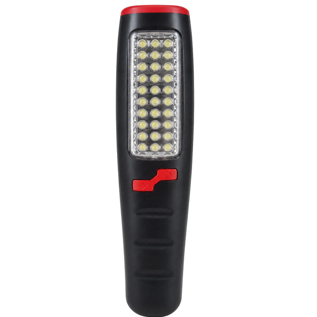 37 LED Magnetic Work Light with Hanging Hook – 8-Inch Portable Handheld Flashlight, 30-LED Front Panel & 7-LED Top Light, Battery Operated – LKCO-6928-FL