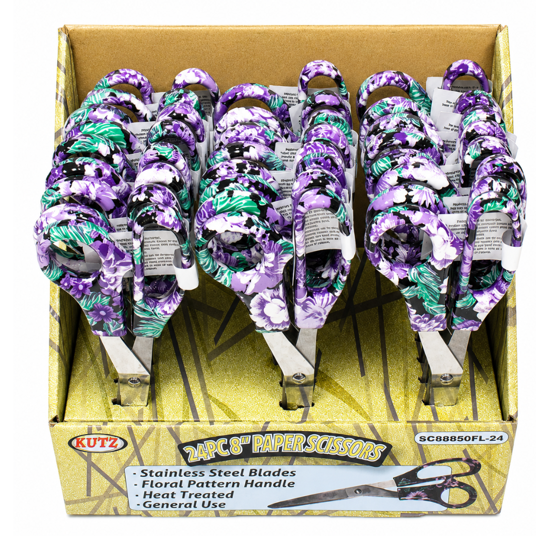 24 Piece 8 Inch Floral Pattern Scissors Display Box, General Purpose Stainless Steel Scissors with Comfortable Plastic Handles for Home, Office, Classroom, Crafting and Retail Counter Display