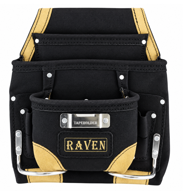 RAVEN Black Leather Tool Pouch with 9 Pockets, 2 Metal Hammer Holders, Heavy-Duty Belt Loop, Double-Stitched Construction for Construction, Roofing, Mechanics & Warehouse Work – AS1101A-BLK
