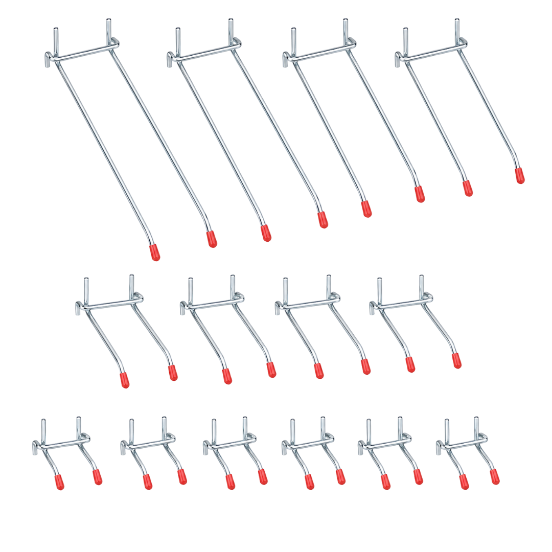 14-Piece Double-Prong Pegboard Hook Assortment, Durable Mild Steel Tool Organizer Hooks with Protective Red Tips, Includes 2, 4 and 6 Inch Hooks – KIT-WP2002-6