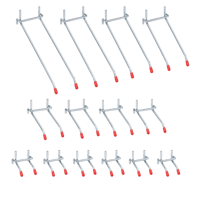 14-Piece Double-Prong Pegboard Hook Assortment, Durable Mild Steel Tool Organizer Hooks with Protective Red Tips, Includes 2, 4 and 6 Inch Hooks – KIT-WP2002-6