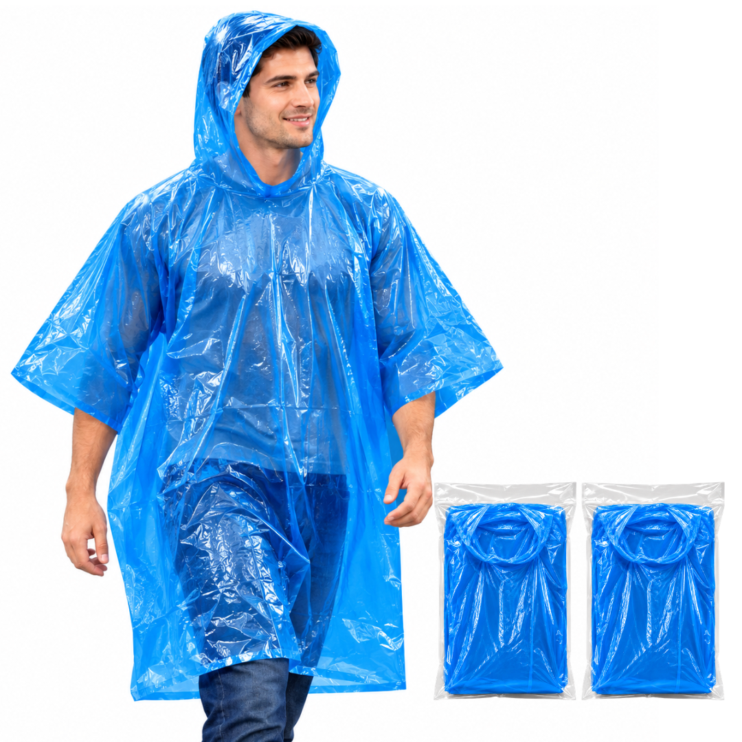 Adult Waterproof Rain Poncho with Hood – Blue Vinyl, Lightweight, Foldable & Compact, One Size Fits Most, Emergency Rain Gear for Camping, Travel, Festivals & Outdoor Activities
